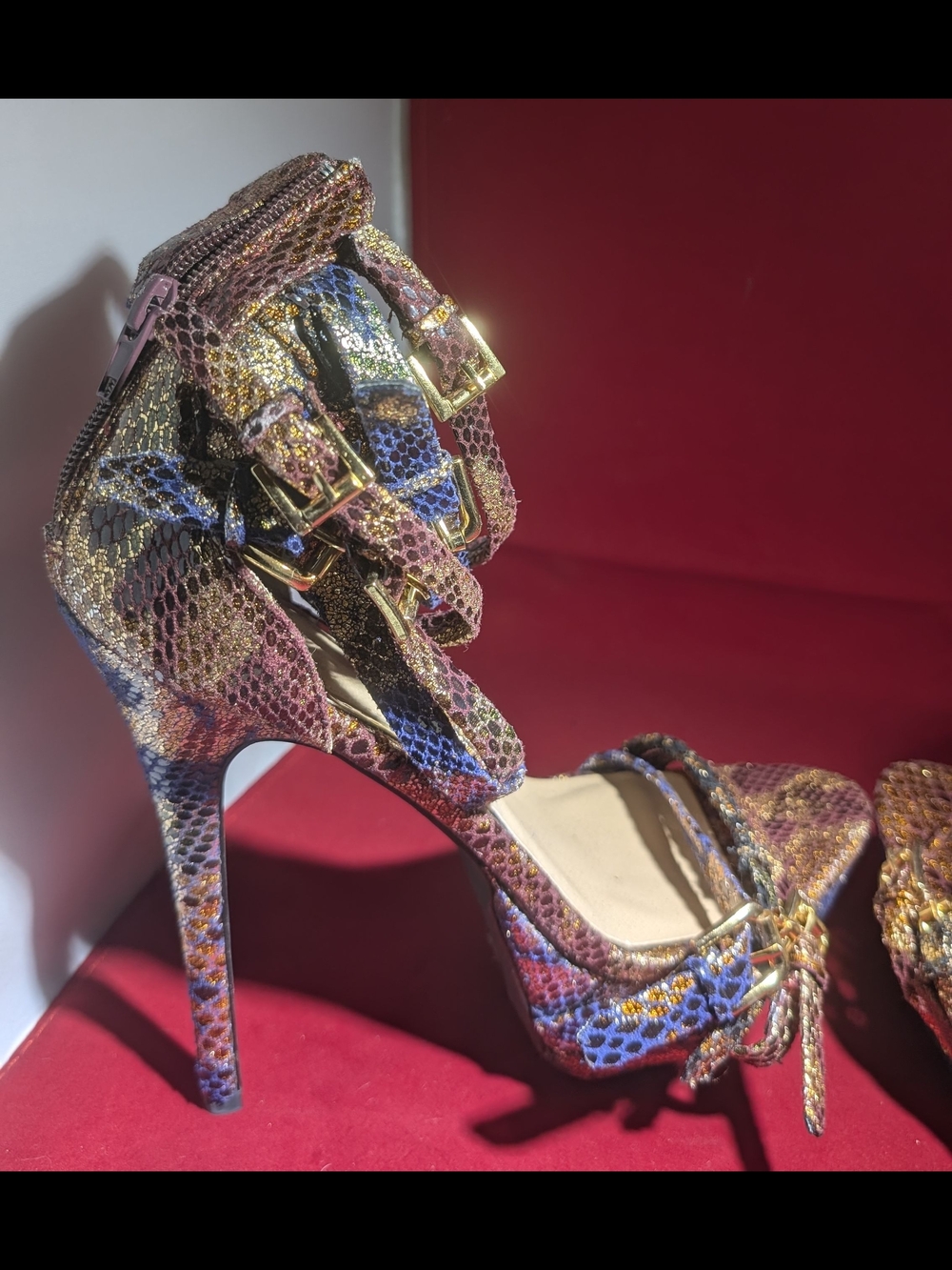 Women’s Multicolor Snakeskin Stiletto Heels with Gold Buckle Straps
